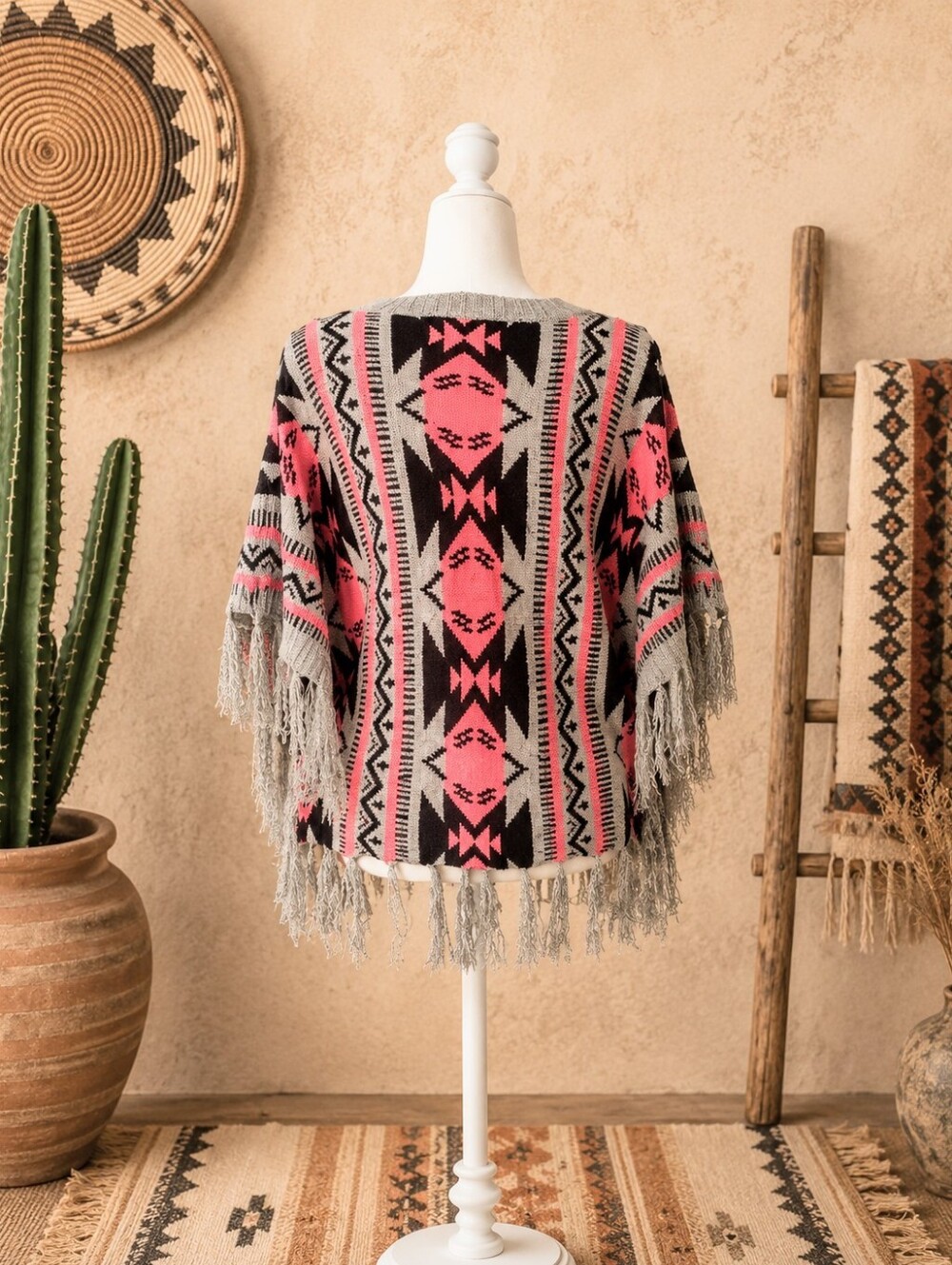 SOHO Apparel Women's Southwestern Fringe Poncho Sweater Size Small Atztec - Picture 3 of 3